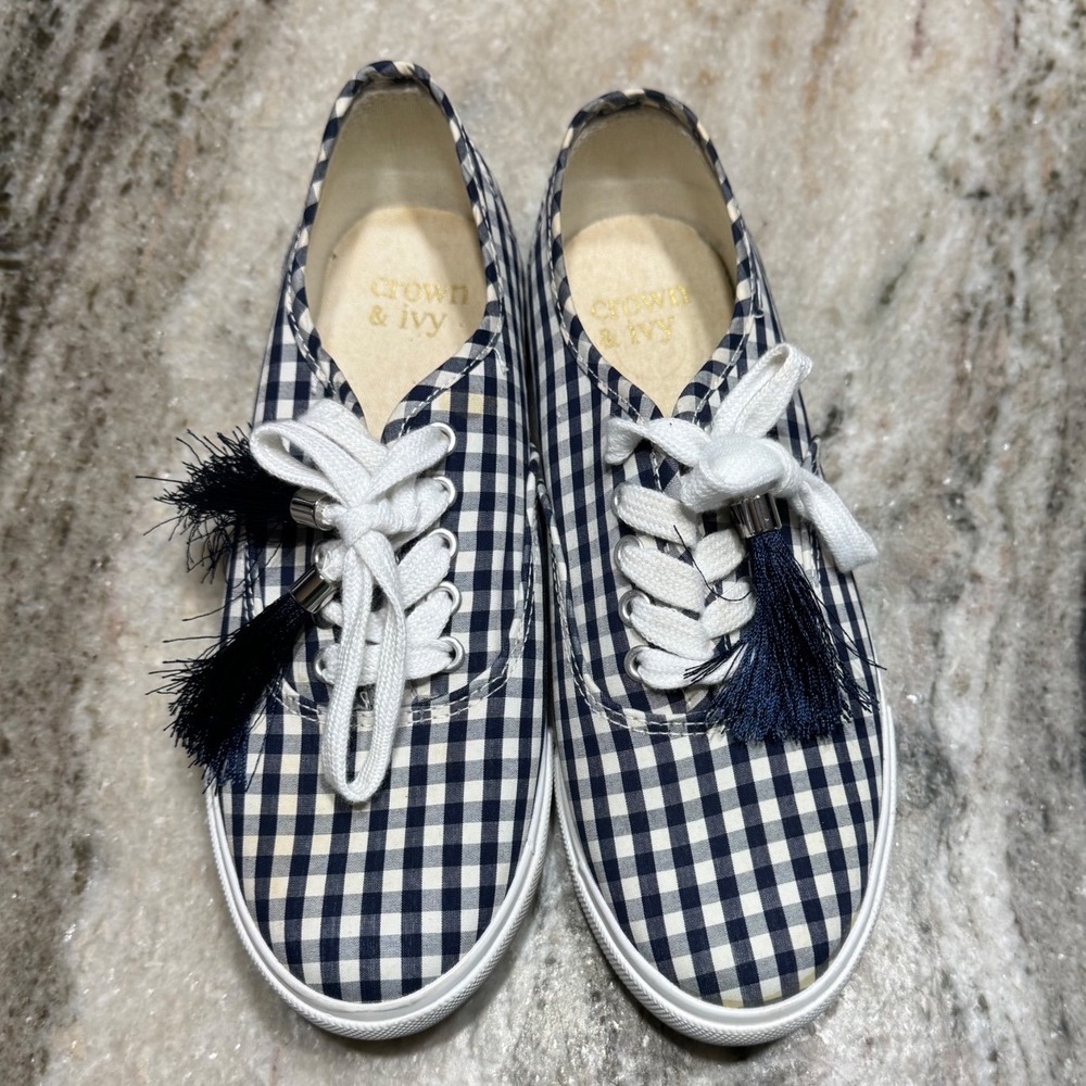 Crown & Ivy Riley Sneakers Womens 6.5 Gingham Tassel Navy White Low Top Shoes